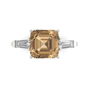 3 tcw Asscher Cut Engagement Ring in 14K White Gold, Simulated Champagne Diamond Bold 3-Stone Anniversary Ring