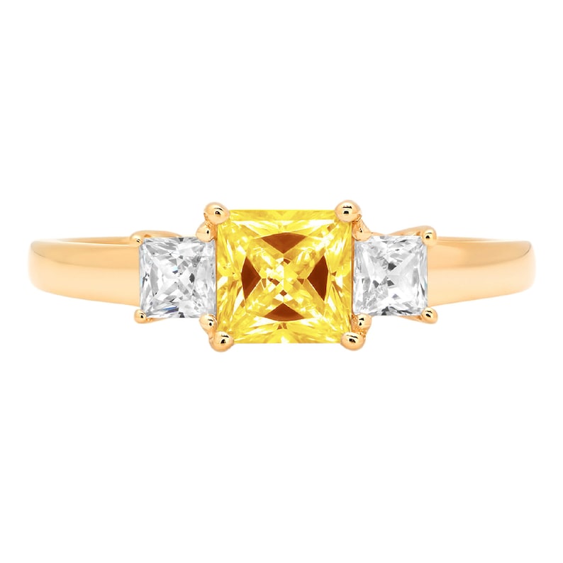 0.95 Princess 3 stone Canary Yellow Simulated Diamond Promise Bridal Wedding Engagement Classic Designer Ring Solid 14k Yellow Gold