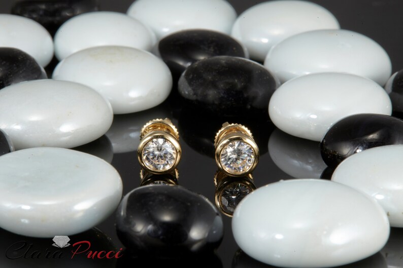 1.0 ct Simulated Diamond Solitaire Bezel Set Stud Earrings Round Cut 14k Yellow Gold Screw Back Wedding Earring Earring Wedding Gold Stud