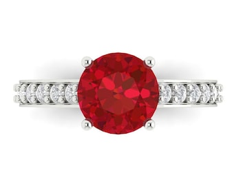 14K Solid Gold Engagement Ring for Women - Halo 2.3 cttw Round Cut Ruby