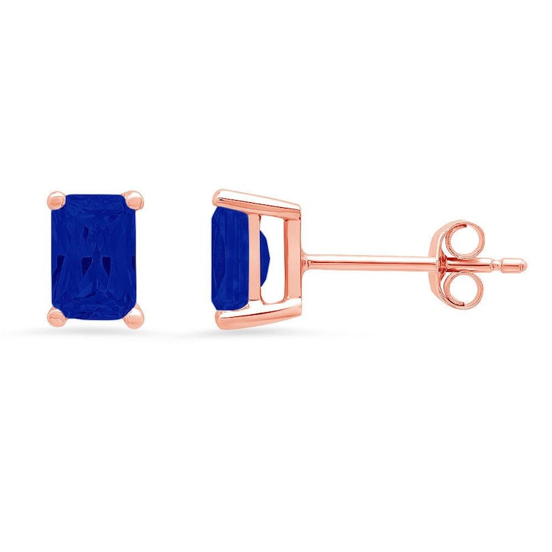 1 ct Brilliant Emerald Cut Solitaire Studs Designer Genuine Flawless Simulated Blue Sapphire 14K 18K Rose Gold Earrings Push back