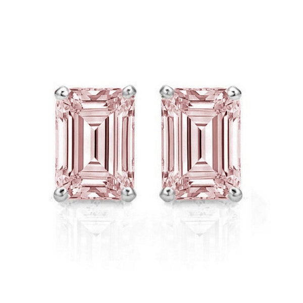 2.0 ct Emerald Brilliant Cut Solitaire Pink Simulated Diamond Stud Earrings 14k White Gold Anniversary Birthday Bridal Gift