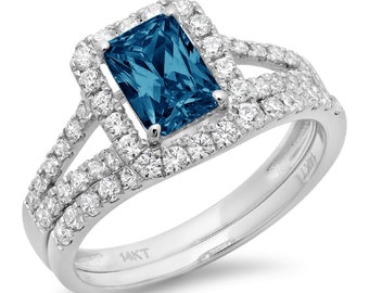1.60ct Emerald Round Cut Halo Natural London Blue Topaz Designer Promise Engagement Wedding Bridal Ring set 14k White Gold