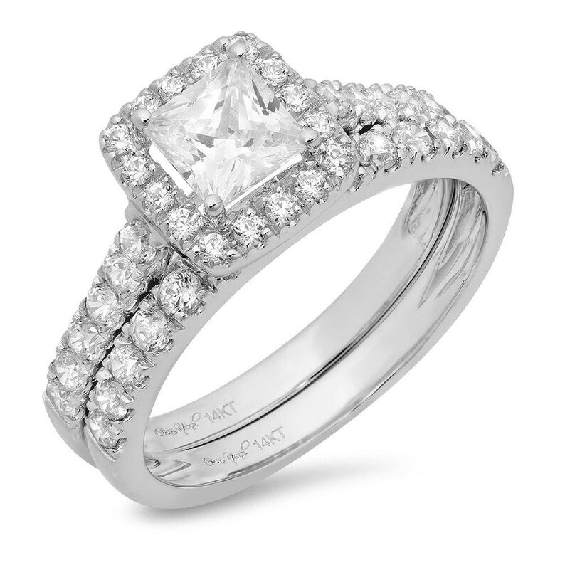Clara Pucci 2.01 CT Princess Cut Simulated Diamond CZ Pave Halo Bridal Engagement Wedding Ring Band Set 14k White Gold