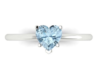 1 ct Brilliant Heart Cut Designer Genuine Flawless Natural Aquamarine Stone 14K 18K White Gold Solitaire Ring