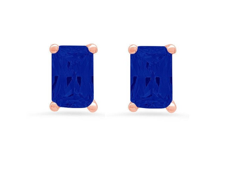 1 ct Brilliant Emerald Cut Solitaire Studs Designer Genuine Flawless Simulated Blue Sapphire 14K 18K Rose Gold Earrings Push back