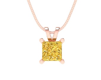 0.50 ct Brilliant Princess Cut Solitaire Designer Genuine Flawless Natural Citrine 14K 18K  Rose Gold Pendant with 18" Chain