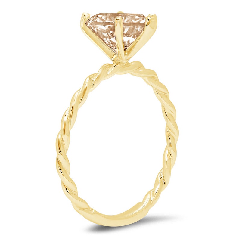 2 Heart Cut Rope Knot Brown Champagne Simulated Diamond Classic Wedding Engagement Bridal Promise Designer Ring Real Solid 14k Yellow Gold