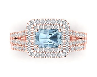 3.05ct Brilliant Emerald Cut Natural Aquamarine Stone Rose Gold Halo Solitaire with Accents Bridal Set