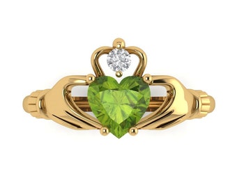 1.06 ct Brilliant Heart Cut Natural Peridot Stone Yellow Gold Solitaire Claddagh Ring