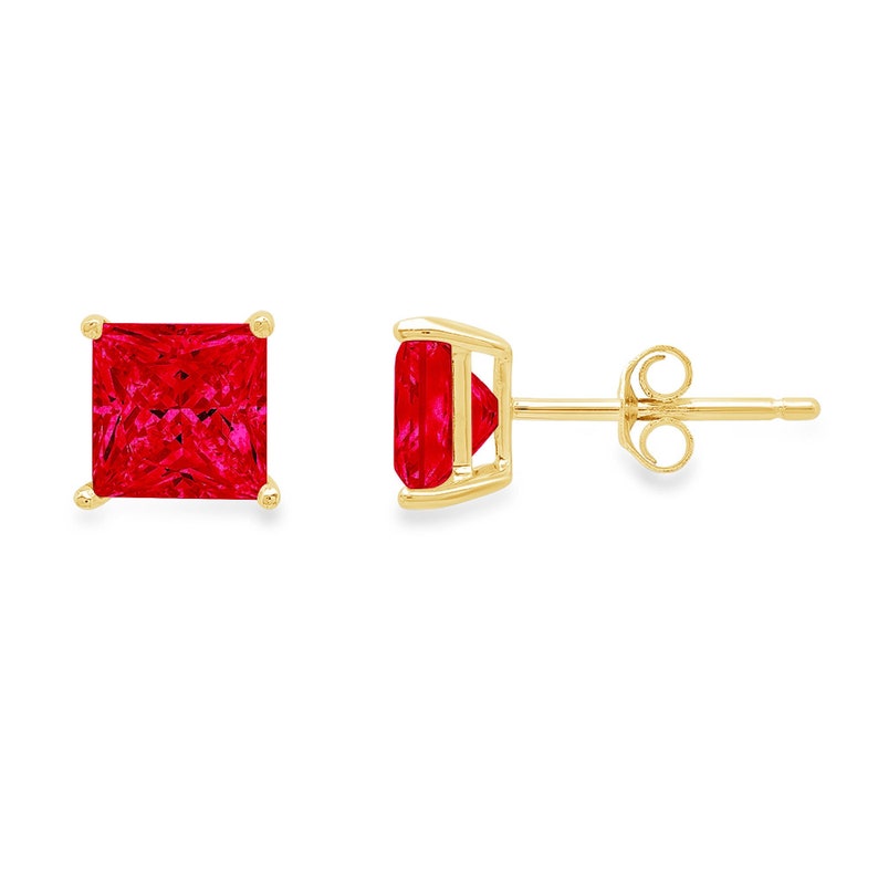 2 ct Brilliant Princess Cut Solitaire Studs Designer Genuine Flawless Simulated Ruby 14K 18K Yellow Gold Earrings Push back