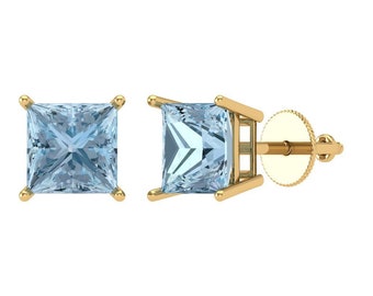 3 ct Brilliant Princess Cut Solitaire Studs Designer Genuine Flawless Natural Aquamarine Stone 14K 18K Yellow Gold Earrings Screw back