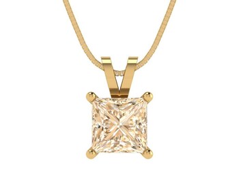 1 ct Brilliant Princess Cut Solitaire Designer Genuine Flawless Natural Morganite 14K 18K  Yellow Gold Pendant with 16" Chain