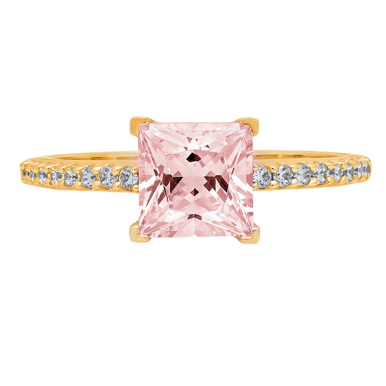 1.66 ct Princess Cut Pink Simulated Diamond Promise Bridal Wedding Engagement Classic Designer Ring Solid 14k Yellow Gold