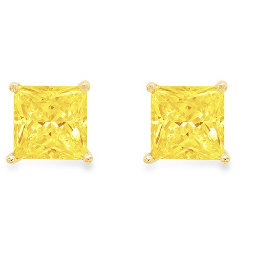 4.0ct Princess Canary Yellow Simulated Diamond Stud Earrings Solid 14k Yellow Gold shops Push Back Anniversary Birthday Bridal Gift