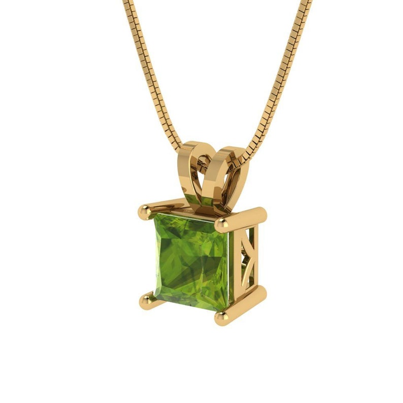 3.0 ct Brilliant Princess Cut Solitaire Natural Peridot Stone Yellow Gold Pendant with 18" Chain