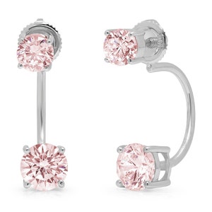 3.2ct Dual Drop 2 stone Round Brilliant Cut Pink Simulated Diamond Earrings Solid 14k White Gold Anniversary Birthday Bridal Gift image 6