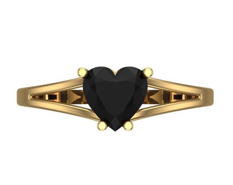 1.0 ct Brilliant Heart Cut Natural Onyx Sterling Silver Yellow Gold Plated Solitaire Ring