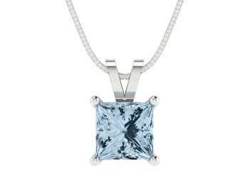 3.0 ct Brilliant Princess Cut Solitaire Designer Genuine Flawless Natural Sky Blue Topaz Stone 14K 18K White Gold Pendant with 18" Chain