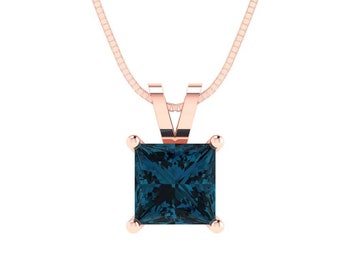 1 ct Brilliant Princess Cut Solitaire  Designer Genuine Flawless Natural London Blue Topaz 14K 18K Rose Gold Pendant with 18" Chain