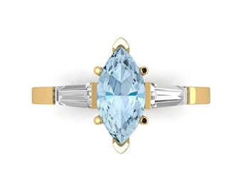 2.0 ct Brilliant Marquise Cut Natural Aquamarine Sterling Silver Yellow Gold Plated Three-Stone Ring