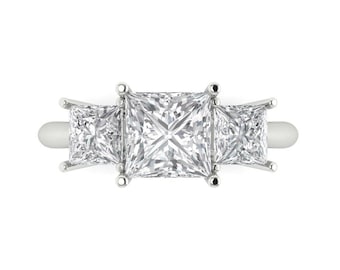 14K Solid Gold Engagement Ring for Women - Three-Stone 2.5 cttw Princess Cut Clear