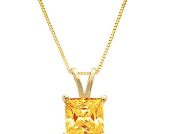 1 ct Princess Brilliant Cut VVS1 Yellow Orange Natural Citrine VVS1 Designer Pendant Necklace 16" Gift BoxChain box Solid 14k Yellow gold