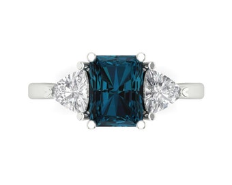 2.82 ct Brilliant Emerald Cut Natural London Blue Topaz Sterling Silver White Gold Plated Three-Stone Ring