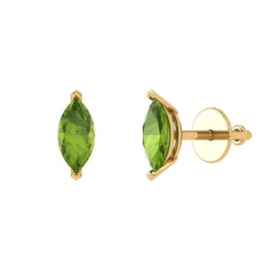 1 ct Brilliant Marquise Cut Solitaire Studs Designer Genuine Flawless Natural Peridot 14K 18K  Yellow Gold Earrings Screw back