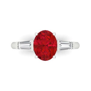 2.5 tcw Oval Cut Engagement Ring in 14K White Gold, Simulated Ruby Bold Three-Stone Anniversary Ring