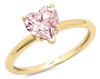 1.0 ct Heart Cut Pink Simulated Diamond Classic Wedding Engagement Bridal Promise Designer Ring Solid 14k Yellow Gold
