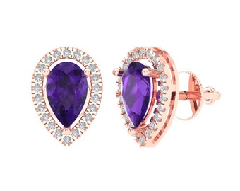 2.72 ct Brilliant Pear Cut Halo Studs Natural Amethyst Sterling Silver Rose Gold Plated Earrings Screw back