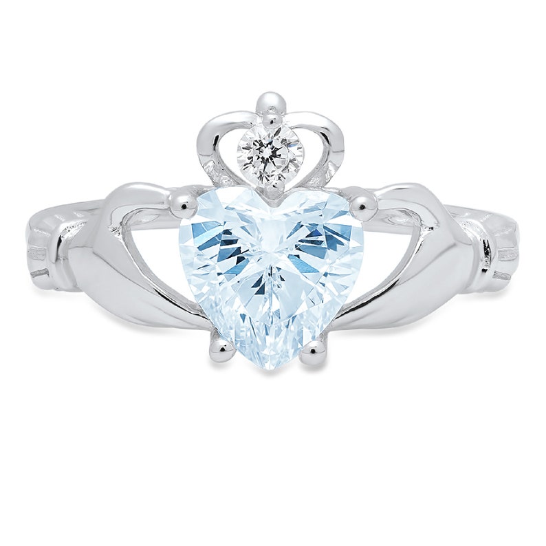 1.55 Irish Celtic Claddagh Aquamarine Blue Simulated Diamond Classic Promise Wedding Engagement Classic Designer Ring Solid 14k White Gold image 3