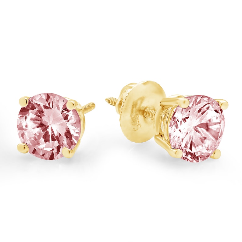 3.0 ct Round Brilliant Cut Solitaire Pink Simulated Diamond Stud Earrings Solid 14k Yellow Gold Anniversary Birthday Bridal Gift