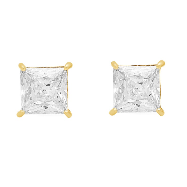 3 ct Brilliant Princess Cut Solitaire Studs Designer Genuine Flawless Clear Simulated Diamond 14K 18K Yellow Gold Earrings Screw back