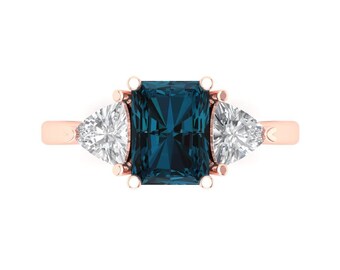 2.82 ct Brilliant Emerald Cut Natural London Blue Topaz Sterling Silver Rose Gold Plated Three-Stone Ring