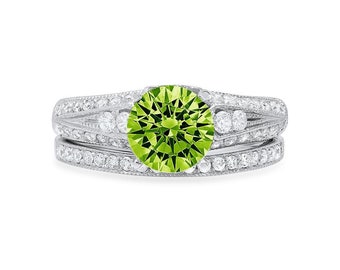 2.1 ct Brilliant Round Cut Designer Genuine Flawless Natural Peridot 14K 18K  White Gold Solitaire with Accents Bridal Set