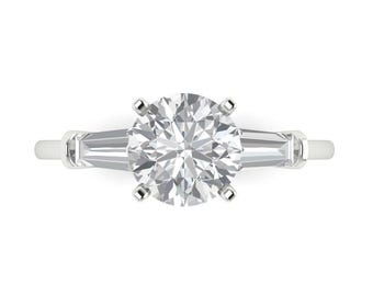 14K massief gouden verlovingsring voor dames - driestenen, ronde geslepen saffier van 2 kt.