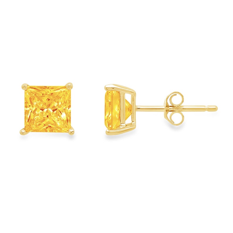 0.5 ct Brilliant Princess Cut Solitaire Studs Designer Genuine Flawless Natural Citrine 14K 18K Yellow Gold Earrings Push back