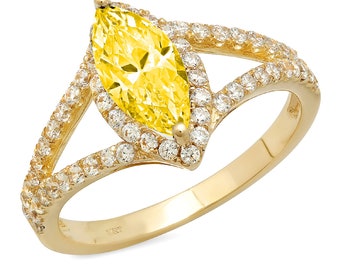 1.2ct Marquise split Halo Canary Yellow Simulated Diamond Classic Promise Wedding Engagement Classic Designer Ring Solid 14k Yellow Gold