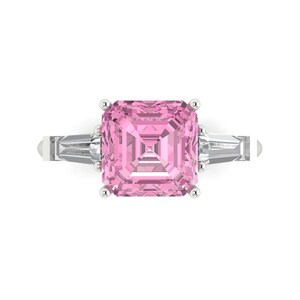 3 tcw Asscher Cut Engagement Ring in 14K White Gold, Simulated Pink Diamond Bold Three-Stone Anniversary Ring