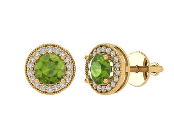 3.6 ct Brilliant Round Cut Halo Studs Designer Genuine Flawless Natural Peridot 14K 18K Yellow Gold Earrings Screw back