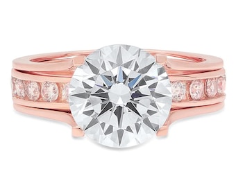 3.02 ct Brilliant Round Cut Natural Diamond Stone Clarity VS1-2 Color I-J Rose Gold Solitaire with Accents Bridal Set