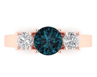 1.5 ct Brilliant Round Cut Natural London Blue Topaz Sterling Silver Rose Gold Plated Solitaire with Accents Three-Stone Ring