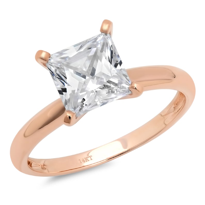 2.0 ct Princess Cut Clear White Sapphire VVS1 Classic Wedding Engagement Bridal Promise Designer Ring Solid 14k Rose Gold