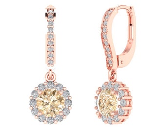 3.55 ct Brilliant Round Cut Halo Drop Dangle Designer Genuine Flawless Natural Morganite 14K 18K  Rose Gold Earrings Lever Back