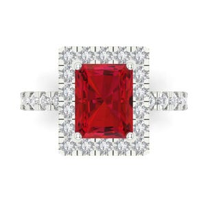 3.84 tcw Emerald Cut Engagement Ring in 14K White Gold, Simulated Ruby Halo Anniversary Ring