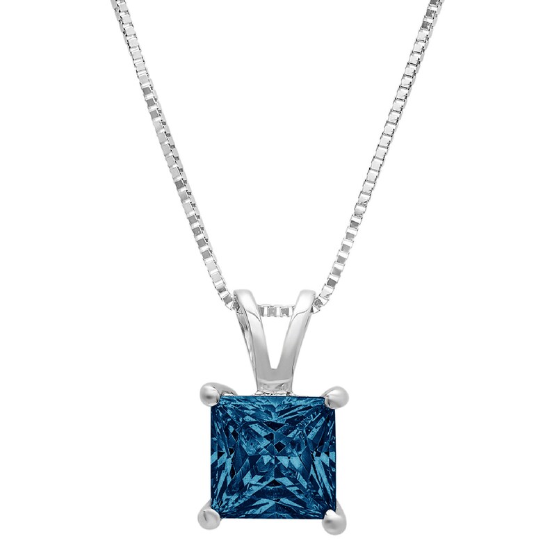 3.0 ct Princess Brilliant Cut Ideal VVS1 Blue Simulated Diamond Pendant Necklace Bridal Anniversary 16 chain 14k Solid White Gold