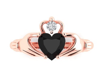 1.06 ct Brilliant Heart Cut Natural Onyx Stone Rose Gold Solitaire Claddagh Ring