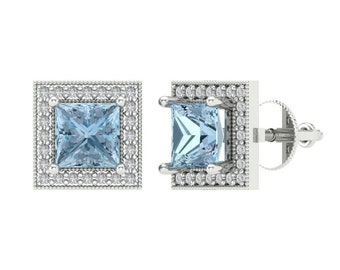 2.3 ct Brilliant Princess Cut Halo Studs Designer Genuine Flawless Natural Sky Blue Topaz Stone 14K 18K White Gold Earrings Screw back